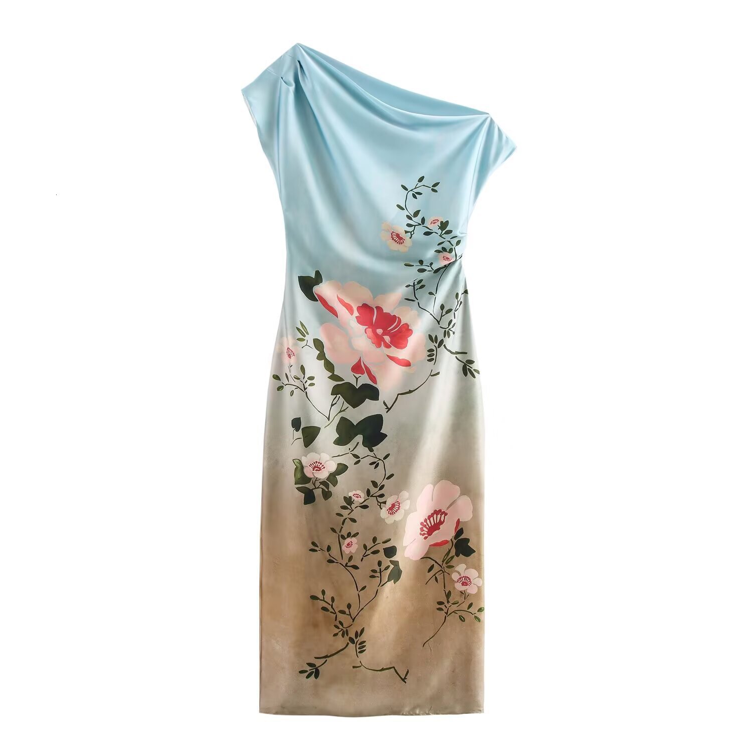 Autumn Print Style Womens Shoulder Dress Silk Satin Fashion Flower Texture Single Asymmetric