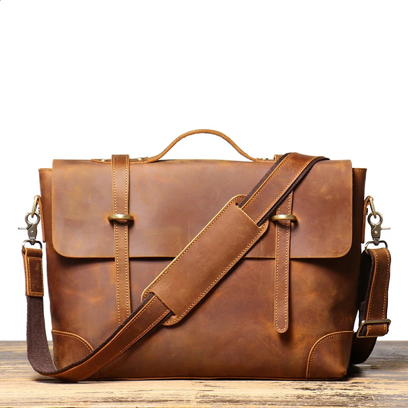 Leathfocus vintage leather briefcase fashion n mens New lightweight horizontal bag handbag 15 inch notebook 240906