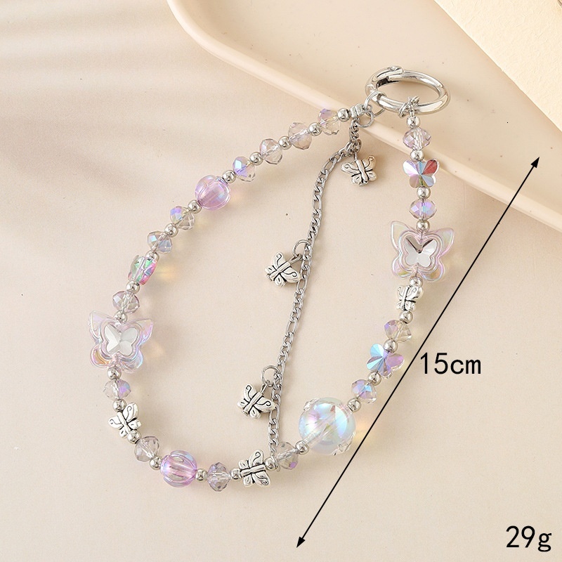 Creative new crystal bead ins versatile alloy butterfly pendant double chain mobile phone lanyard for women