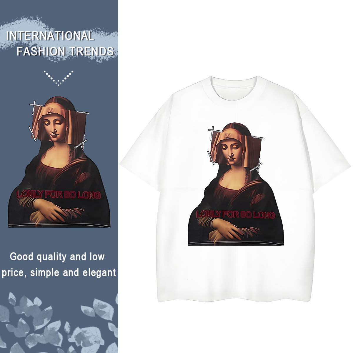 2024 DIY T Shirt For Woman 230g Cotton O Neck Short Sleeves Summer Casual Mona Lisa Women Tees Loose fit Cartoon Printing L-4XL Top Tees