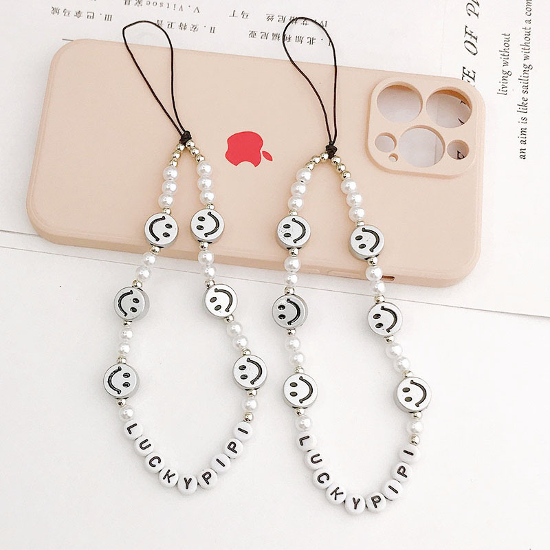 Yilian new smiley face chain pearl short hand rope anti fall letter bead phone hanging accessory