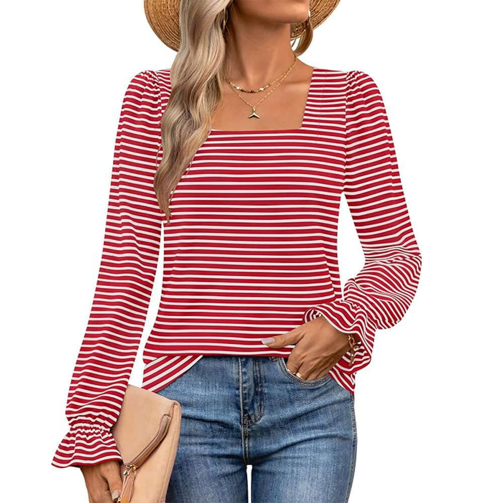 2024 womens autumn and winter new item square collar striped ruffle edge long sleeved T-shirt for women