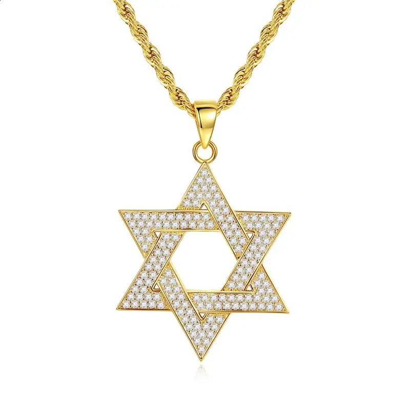 Hip hop mens gold gold-plated jewelry micro spread ice out Cz stone star David pendant hexagonal Israeli Jewish necklace 240906