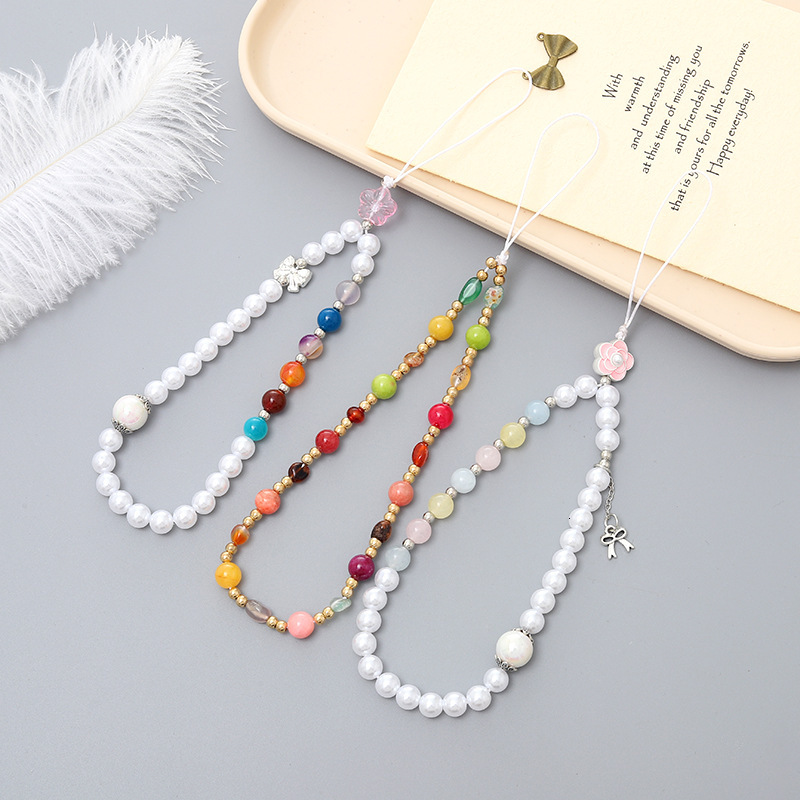 New pearl bow mixed bead mobile phone chain rope CCD camera keychain hanging accessory