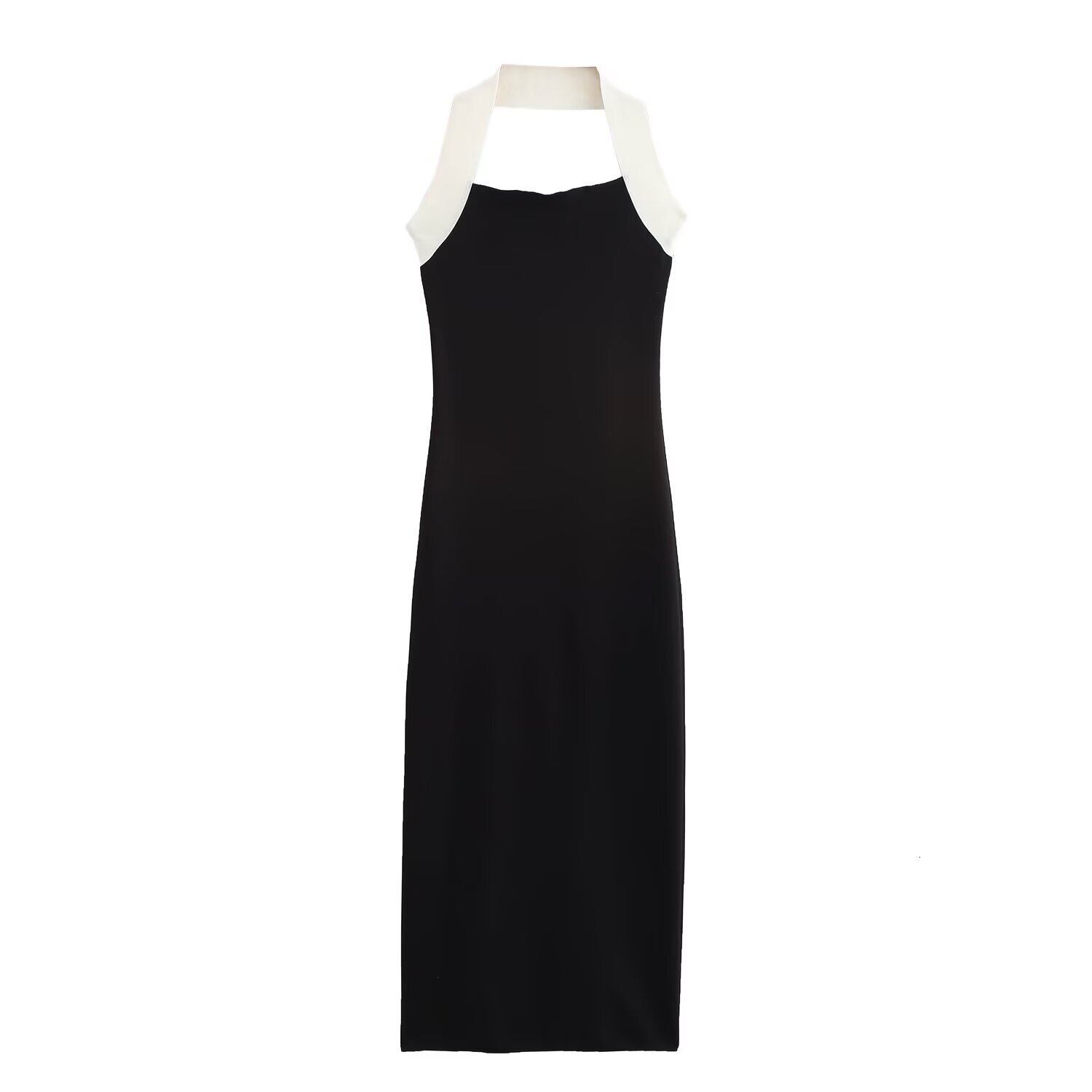 New Womens Dress with Elastic Flute Knitted Collar Enchanting Style Autumn Color Contrast Hanging Neck