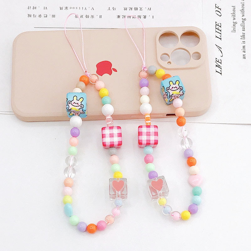 Yilian's new printed block bunny chain short bead phone anti fall hand rope hanging ornament pendant