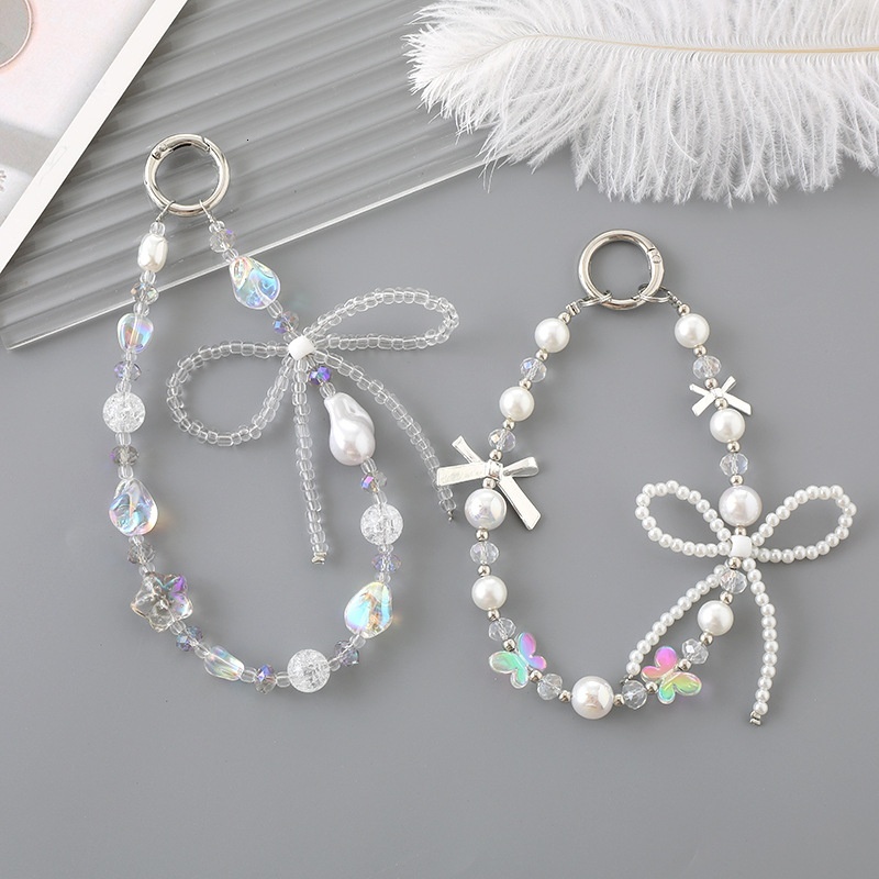 Ins new pearl bow bead case keychain pendant wrist strap phone lanyard accessory