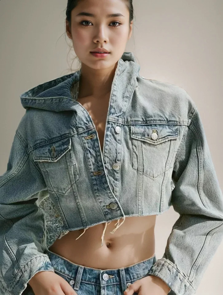 TRAF spring and summer European American style short hooded longsleeved denim jacket casual fashion 240904
