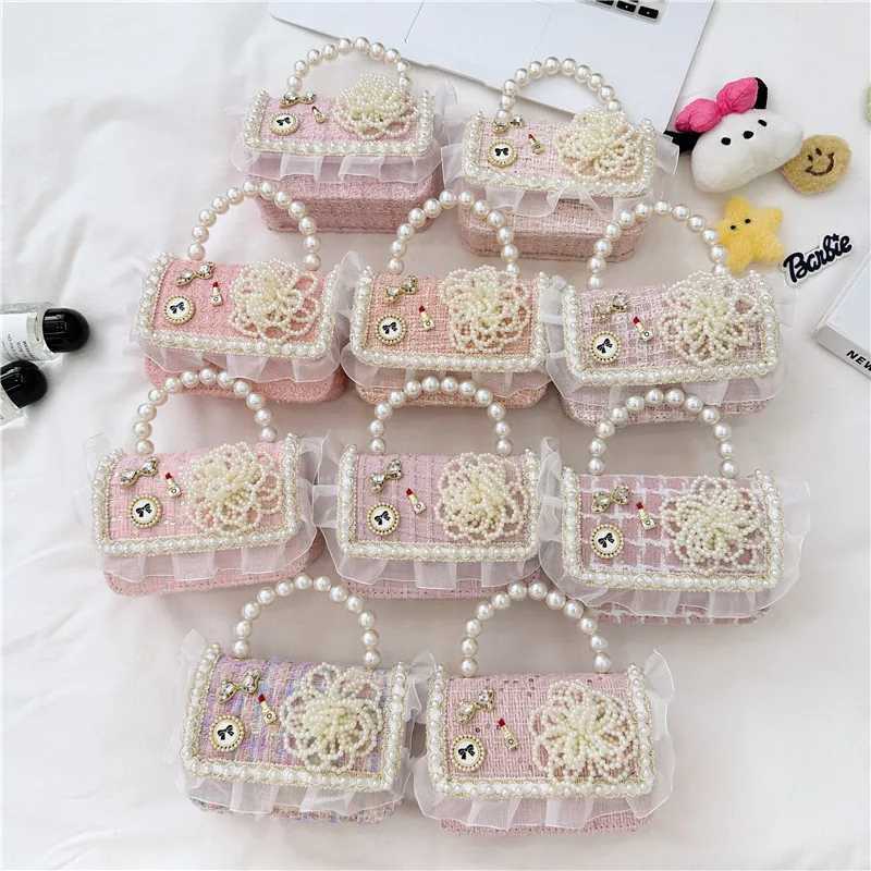Novice Bag Mini Purse Lattice Girls Bag Wool Bag for Childrens Pink Girls Purses and Pearl Handheld Shoulder Bag W240906