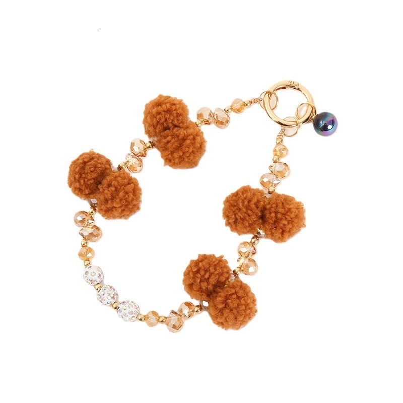 New crystal bead keychain pendant for autumn and winter plush mobile phone rope, anti lost bag chain hanging accessories