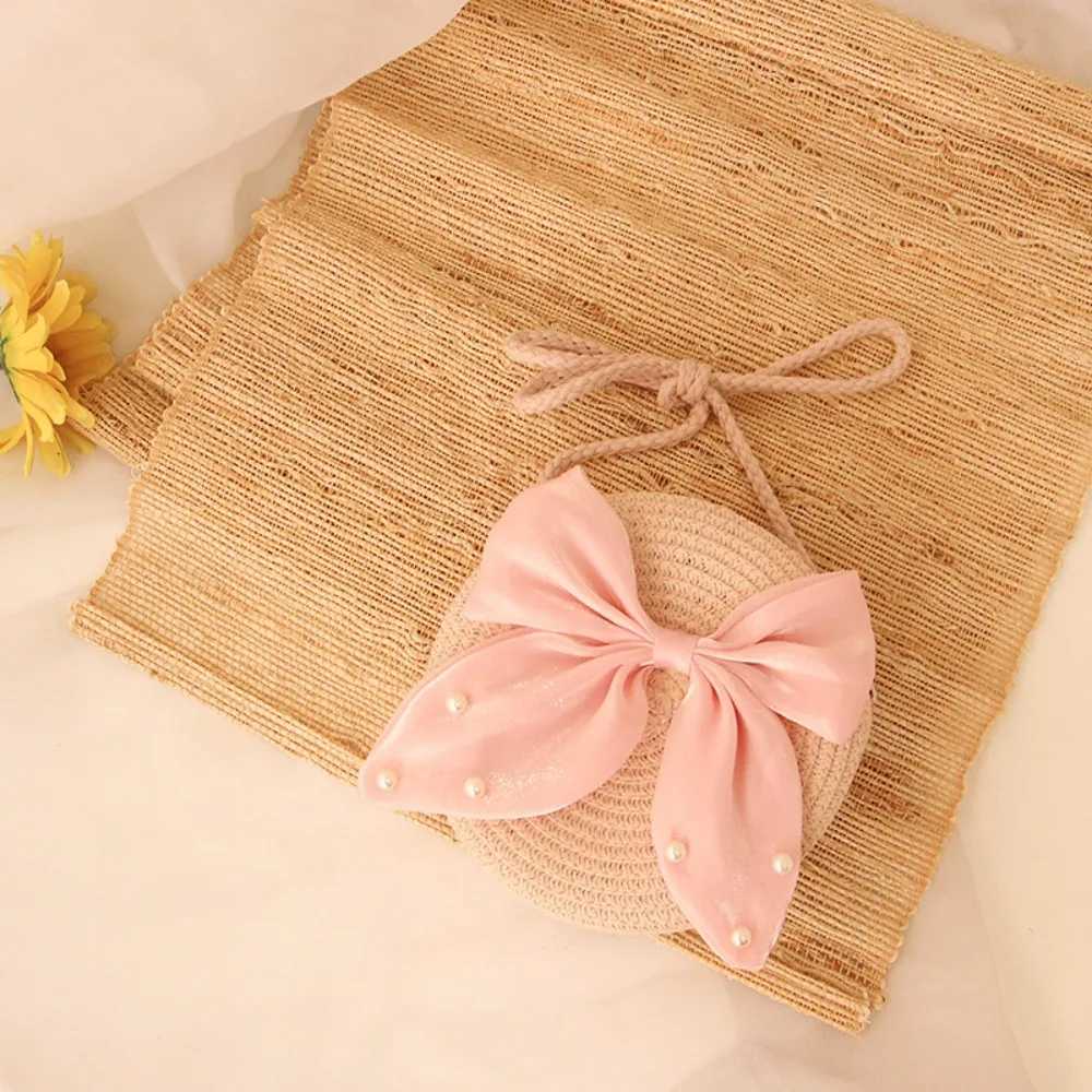 3-Color Preschool Girl Straw Cross Bag Cute Pearl Bow Round Shoulder Bag Mini Coin Wallet W240906