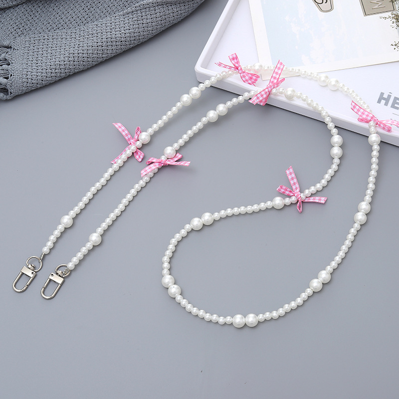 Ins Fashion New Girl Sweet Pearl Bow Beaded Crossbody Phone Rope with Back Chain Hanging Ornament