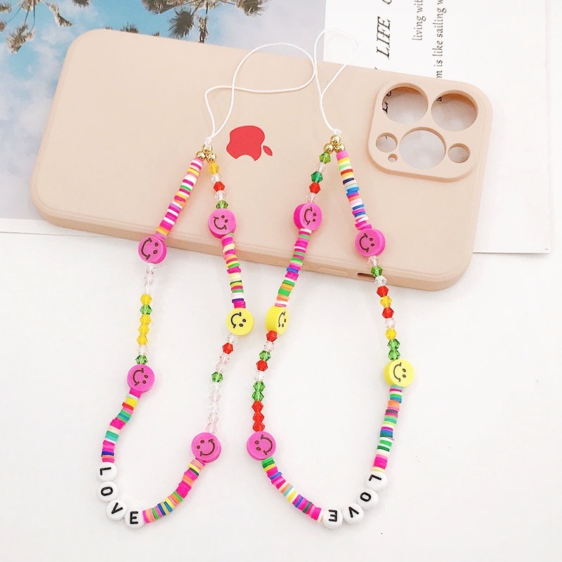Yilian New Soft Ceramic Smiling Face Rope LOVE Letter Beaded Chain Phone Case Anti Drop Hanging Decoration Pendant