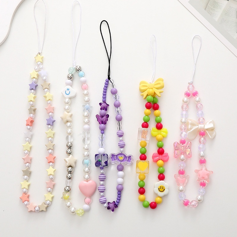 New Candy Cartoon Bow Knot Chain Beaded Cord Mobile Phone Case Hanging Piece Anti drop Wrist Strap Female
