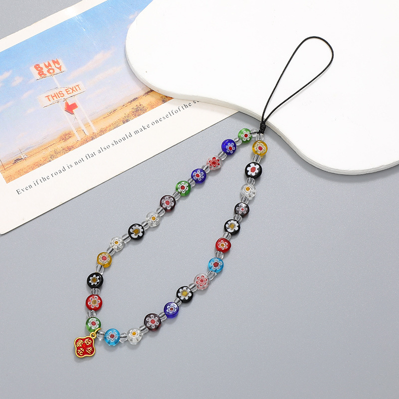 Ins style new colorful glass small flower bead mobile phone chain, mobile phone hanging rope, anti fall hanging decoration pendant