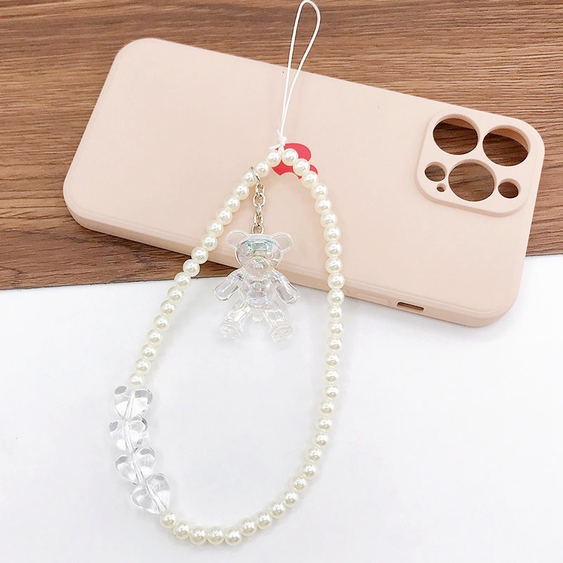 Yilian New Laser Bear Chain AB Butterfly Pearl Hanging Rope Anti fall Wrist Strap Phone Case Pendant