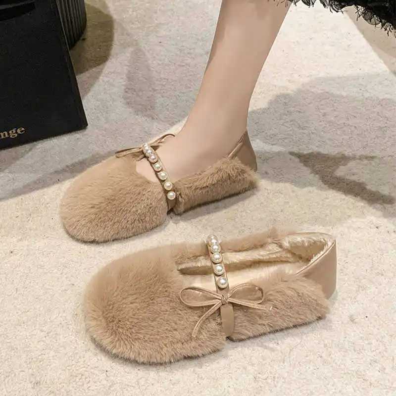 Slippers Bow-Knot Winter Shoes Women Loafers Fur Autumn Round Toe Modis Casual Female Sneakers Slip-on Butterfly Fall New Moccasin 2024 S Y240907L0JK