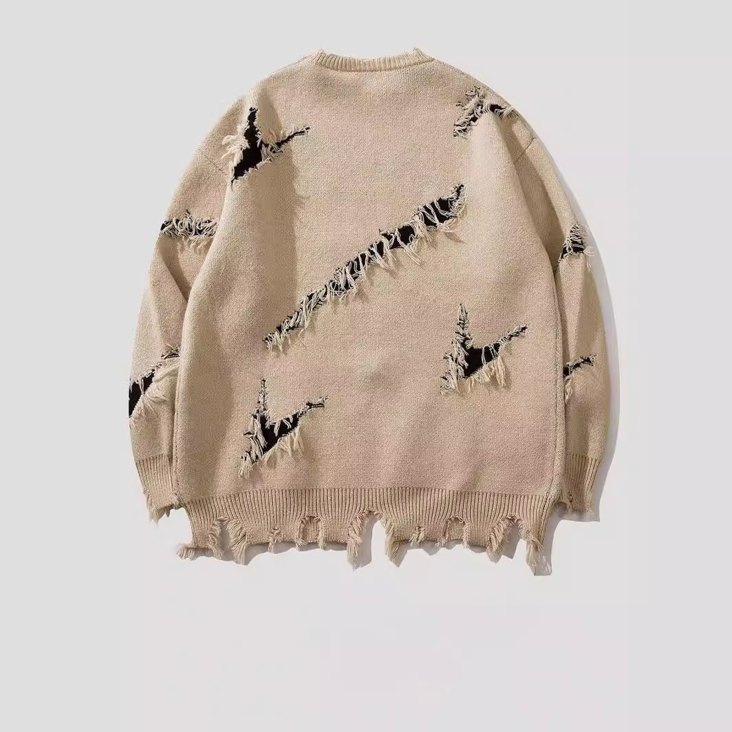 Men's Streetwear Loose Fit Sweater With Letter Embroidery, Scratches And Holes, Autumn And Winter