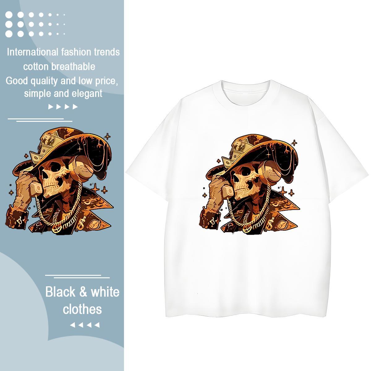 New Women T Shirts 230g Pure Cotton O-Neck Short Sleeve Sports Casual skull Tshirt for Man Woman Popular Anime Oversized Wear