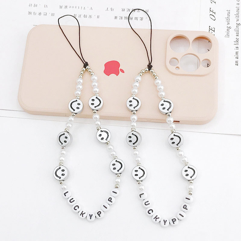 Yilian new smiley face chain pearl short hand rope anti fall letter bead phone hanging accessory