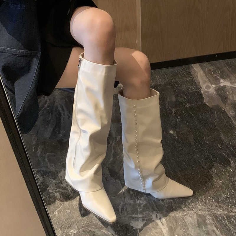 Shining Legs Thin White Martin Boots Mesh Fat Mm Pointed Fashion Boots Slope Heel High Knee Length Boots For Women 240826