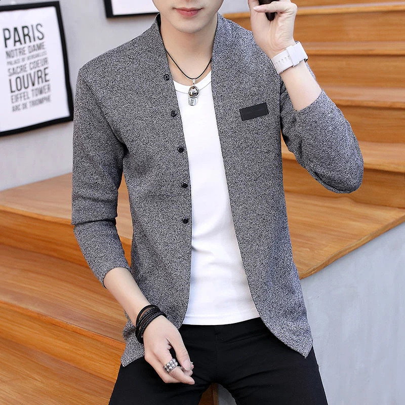 Autumn and Winter Mens Korean Fashion Solid Color Knitted Jacket Button Ultra Thin Open Sweater Top 240906