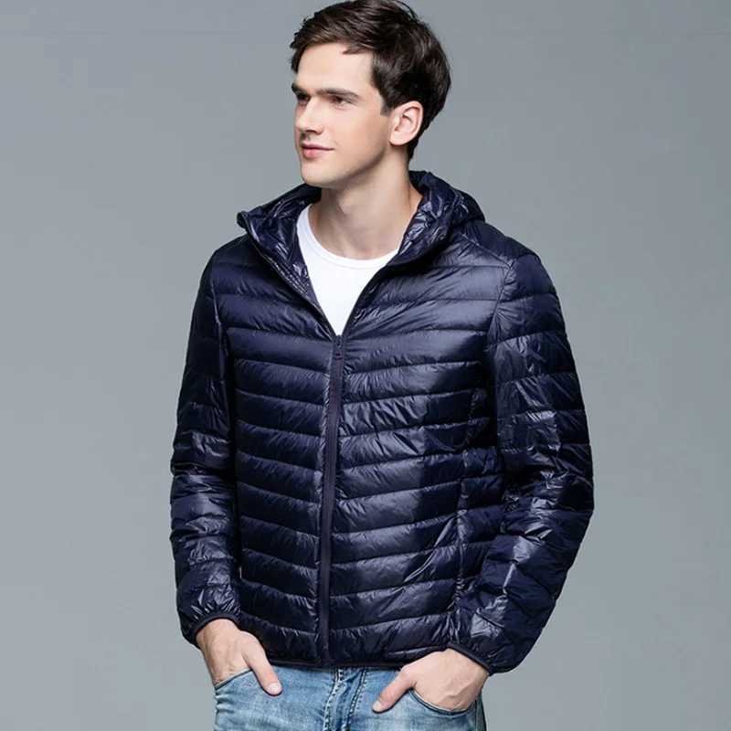 Mens fluffy winter coat fashionable hooded duck down jacket ultra light inflatable down jacket portable ultra-thin feather filled park 5XL 6XL W240906