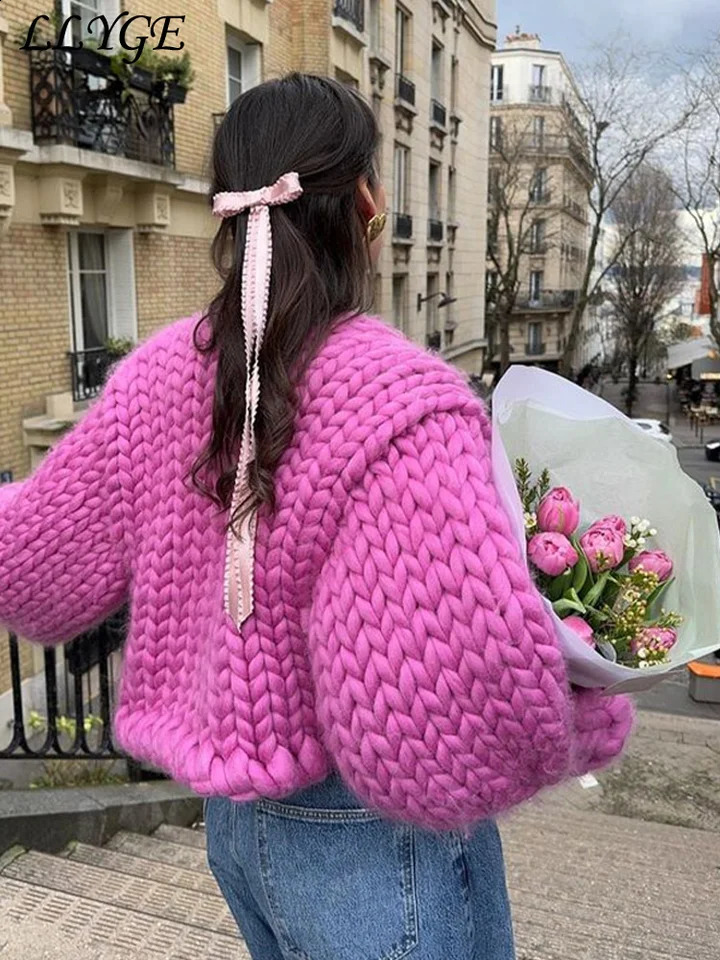 Loose Solid Knitted Cardigan Women Lazy V Neck Long Lantern Sleeves Female Sweater 2024 Autumn Lady Y2k High Street Knitwear 240907