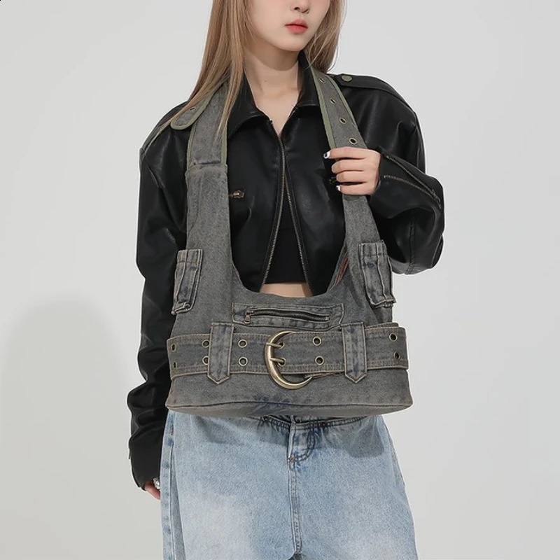 Denim Zipper Youth Crossbody Bags 2024 High Quality Sense Shoulder Unique n Wide Straps Tote for Women 240906