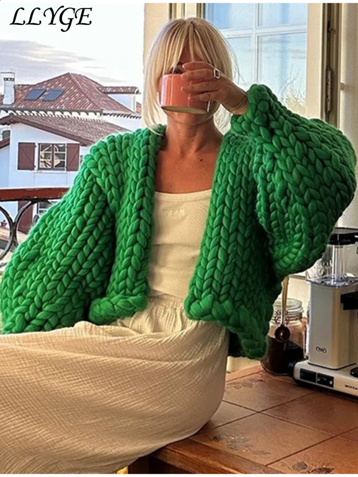 Loose Solid Knitted Cardigan Women Lazy V Neck Long Lantern Sleeves Female Sweater 2024 Autumn Lady Y2k High Street Knitwear 240907