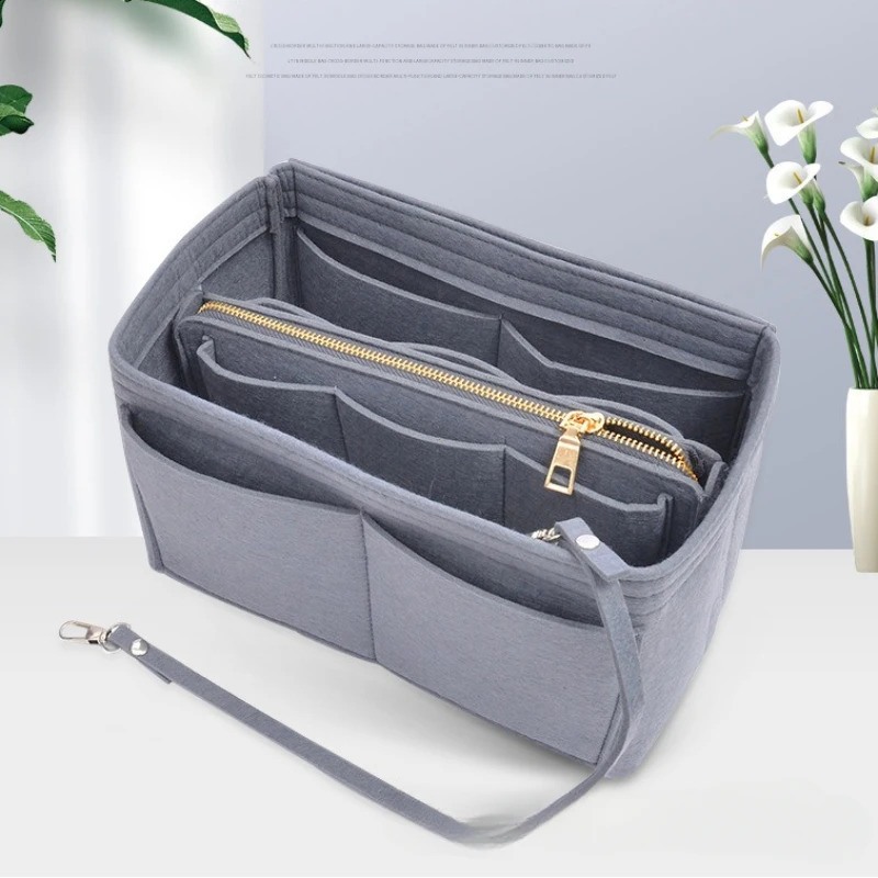Multi functional large capacity storage with felt fabric lining travel insert portable bag makeup organizer