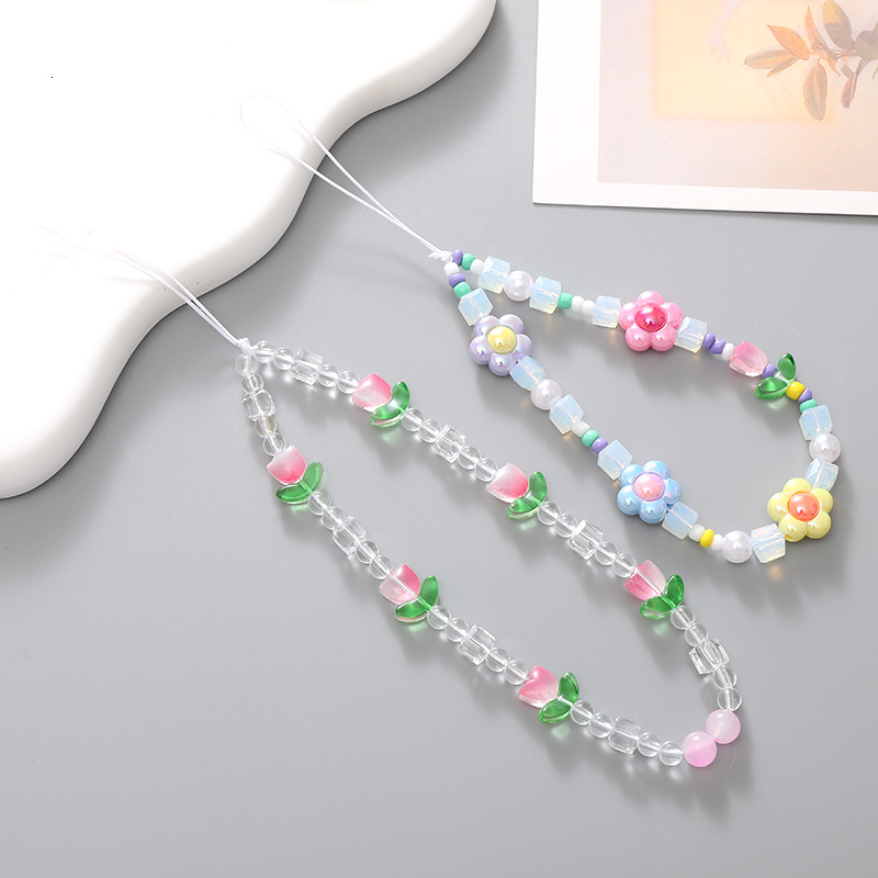 Korean version of early spring pink tulip flower girls, bead chain mobile phone case hanging ornament for girls