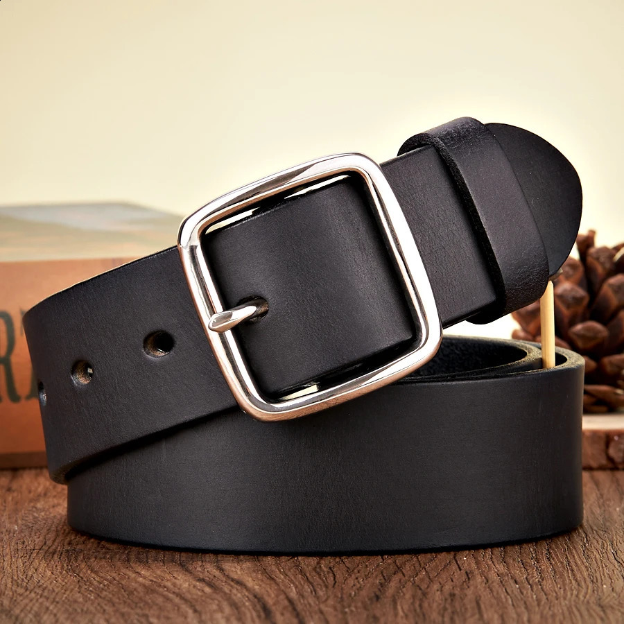 3.8CM Men Anti Allergy Stainless Steel Buckle Belt Vintage Cowskin Thick Real Genuine Leather Belt Male Cowhide Retro Jeans Belt 240906