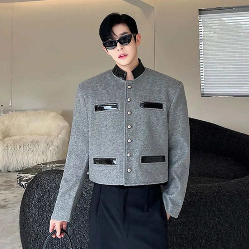 Retro mens jacket wool patch PU leather frame collar long sleeved fashionable warm casual crop 240904