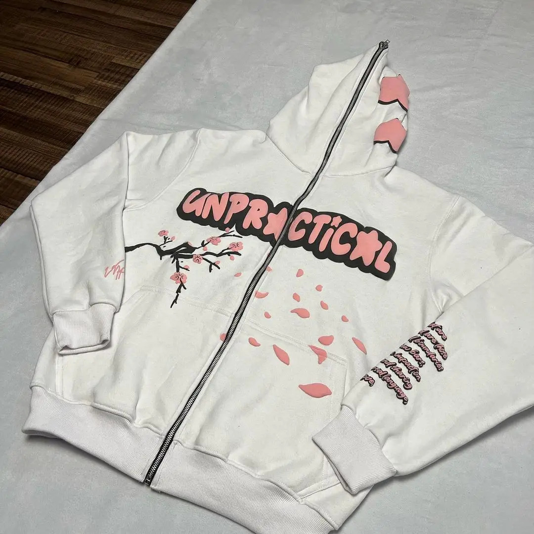Winter romantic cherry blossom letter pattern loose zipper hoodie y2k street Japanese niche clothing casual long-sleeved jacket 240905