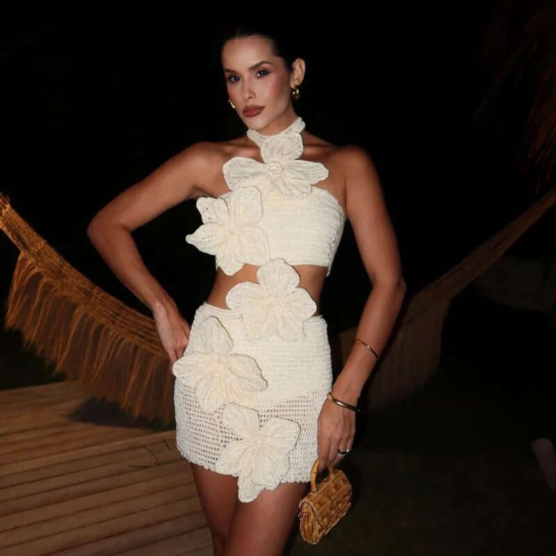 2024 Spring/Summer Elegant Beach Knitted Flower Women's Mini Dress 8