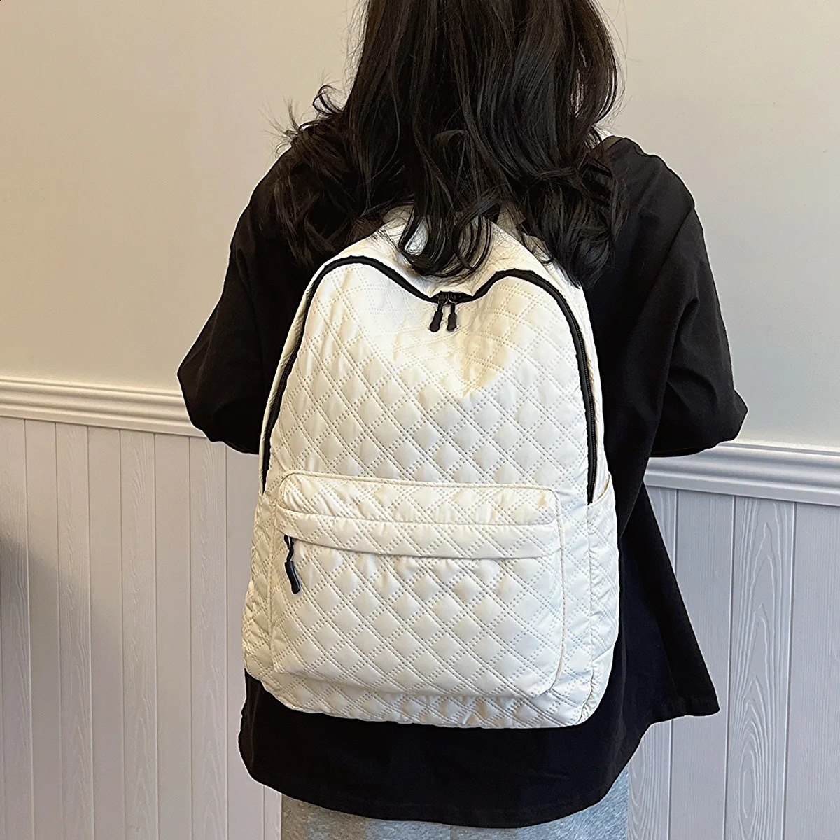 Stylish Simple Zipper Clre Solid Color Rhombus Backpack 240906