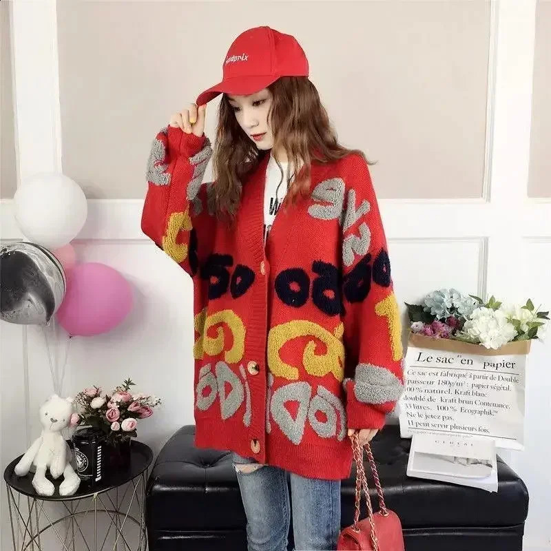 Womens Knitted Top Red Open Fleece Sweater Anime Pants Y2k Retro Korean Fashion Cashmere Style Trend Korea 240906
