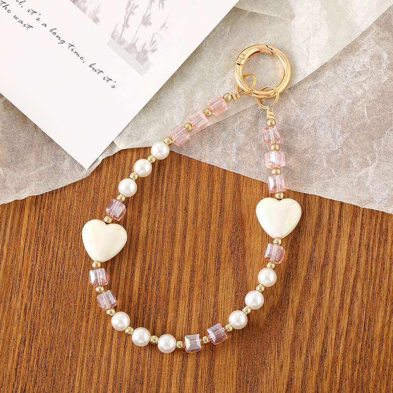 Creative new crystal bead pendant plated with colorful heart lanyard, fashionable and versatile phone case keychain decoration