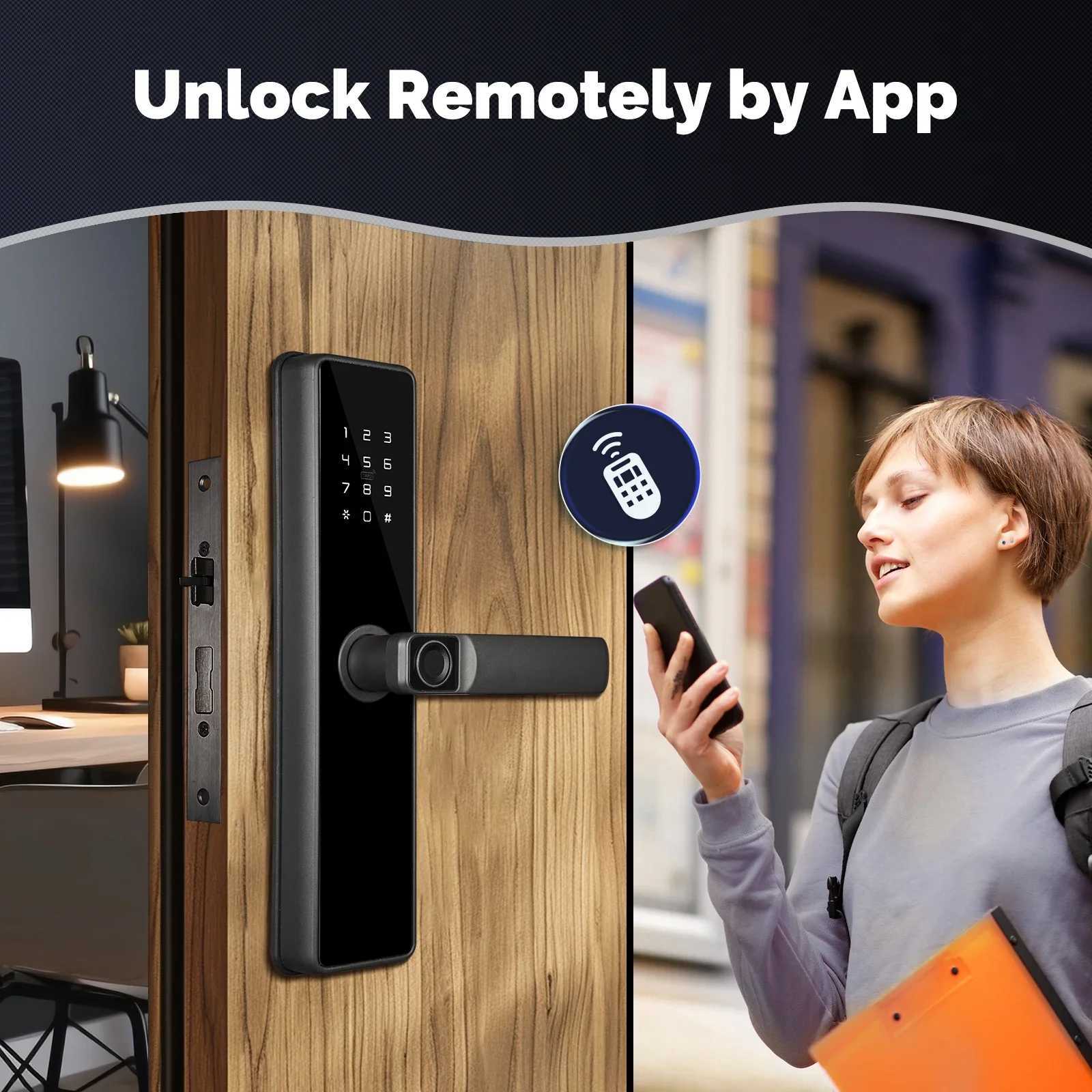 WiFi smart door lock indoor password fingerprint remote unlock key card tamper proof alarm battery power supply temporary charging CL240920