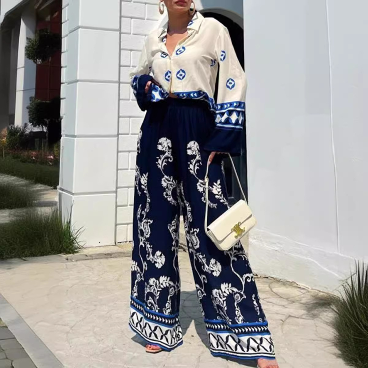 2024 Fall Fashion Womens Tracksuit Printed 2 Piece Set Women Long Sleeve Shirt Top Loose Straight Leg Pants Sets For Women Outfits