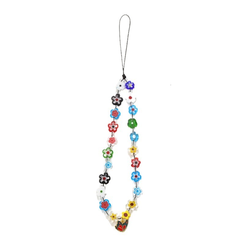 Ins style new colorful glass small flower bead mobile phone chain, mobile phone hanging rope, anti fall hanging decoration pendant