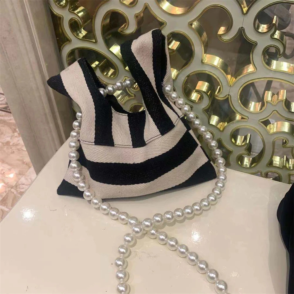 Pearl Striped Canvas Handbag Womens Cute Shoulder Bag Mini Student Diagonal Bag Bead Chain Horizontal Square Inner Bag 240904