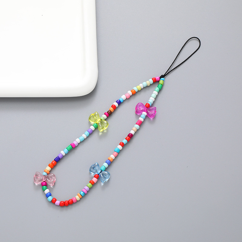 Beaded chain candy colored teddy bear bow mobile phone case hanging ornament anti fall hand rope for women