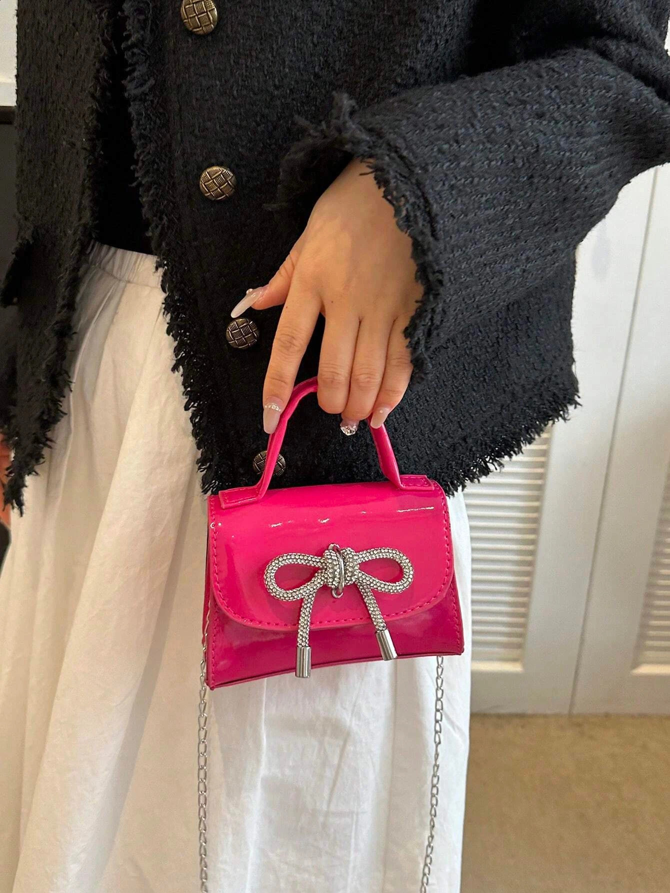 Mirror Pu Mini Handbag With Bow Decoration Fashionable Shiny Butterfly Decorated Mini Handbag Crossbody Bag For Women Girls 240907