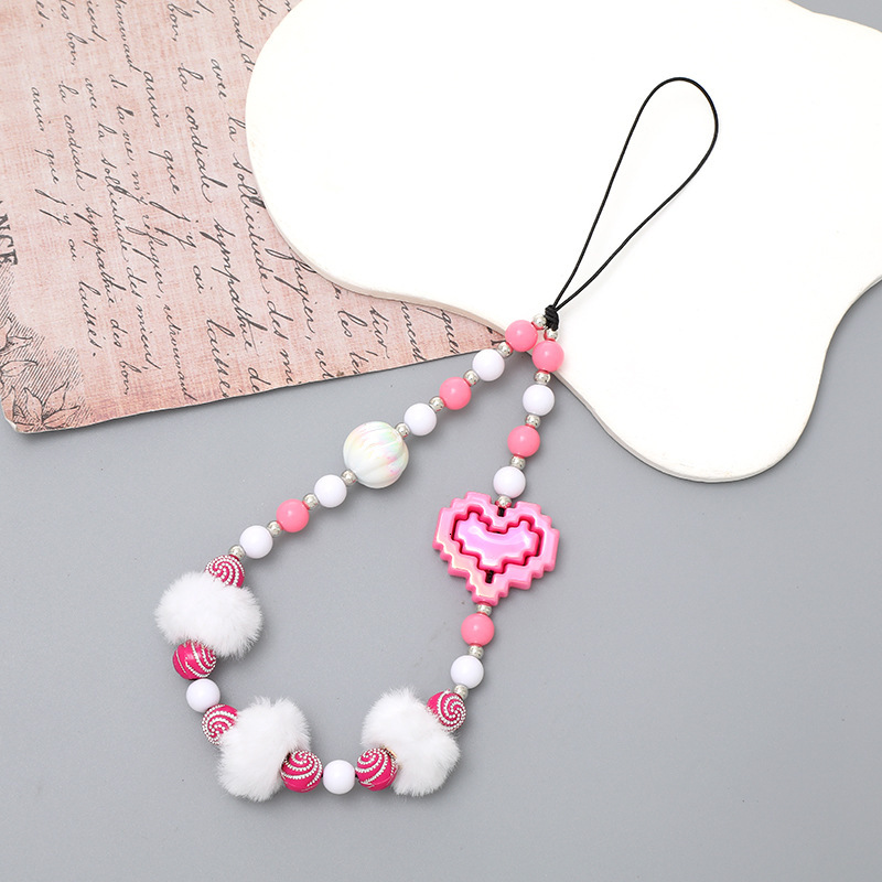 Yilian new plush bead love chain case decoration short wrist strap phone hanging rope anti fall female