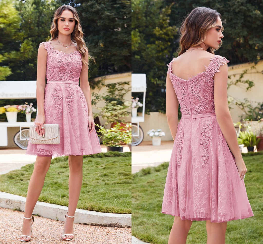 Stock Dusty Pink Sier Lace Tulle Tail Cocktail Dresses A E Off Shoulder Appliques Beads Short Homecoming Prom Gowns Cps764