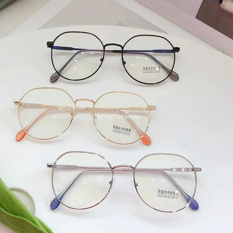 Womens fashionable retro metal glasses with anti blue light flat glasses Korean version large frame glasses W240906