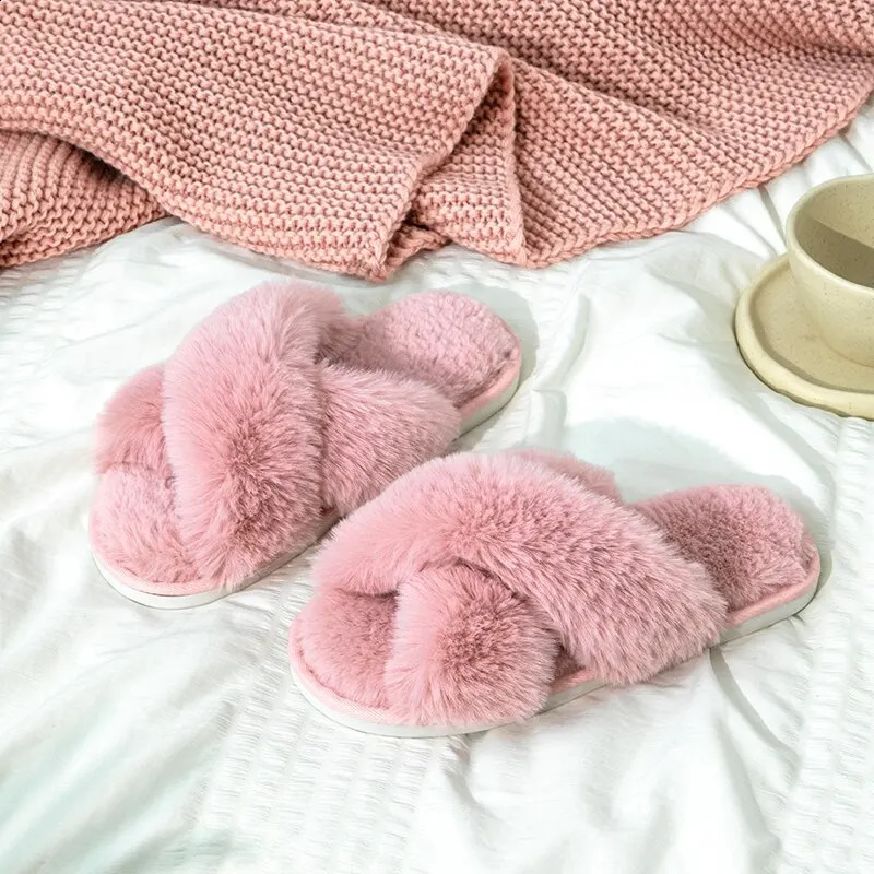 Feslishoet Women Fuzzy Slippers Cross Band Soft Plush Cozy House Shoes Furry Open Toe Indoor Outdoor Slip Warm Anti Skid Sole 240904