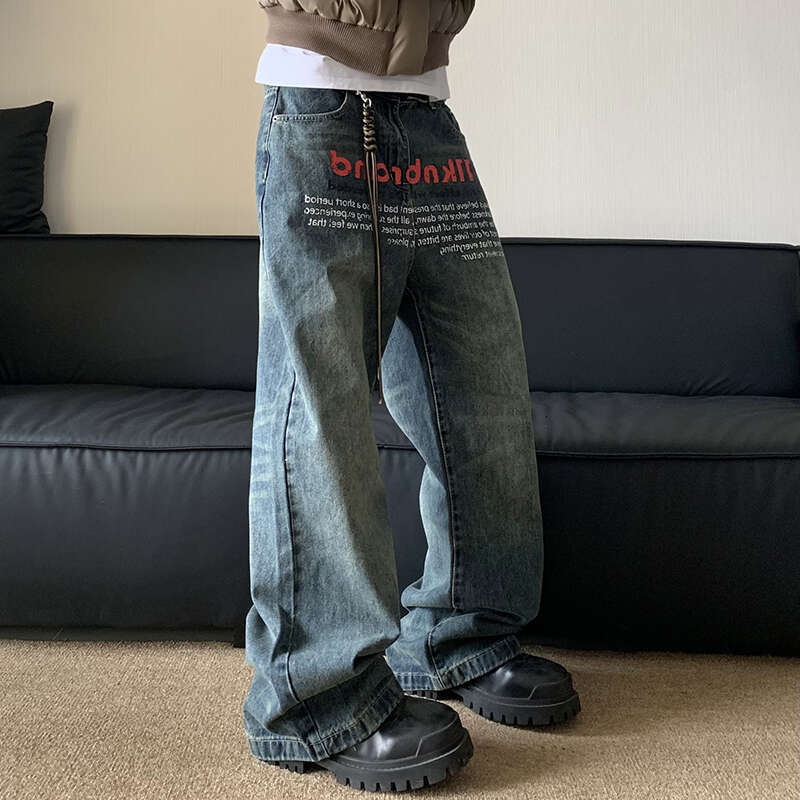 American Washed Niche Printed Men's Jeans Trendy Loose Designer Straight Leg Pants 2024 Letter Design Male Trousers